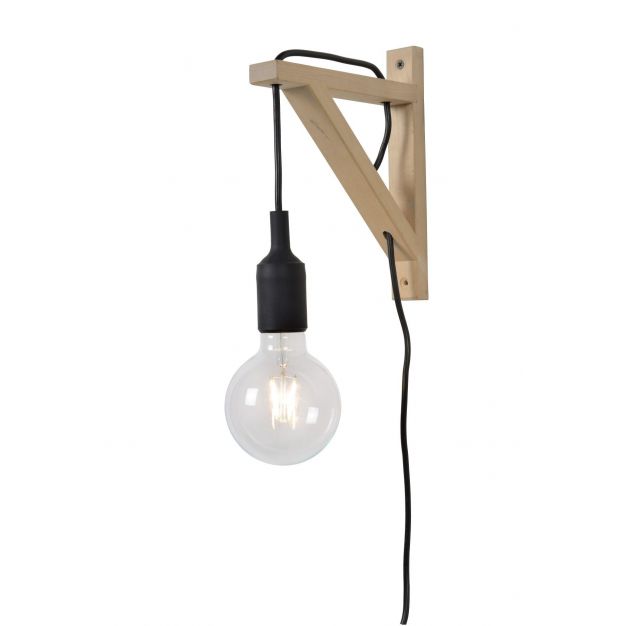Lucide Fix - wandlamp met schakelaar op kabel - 3,2 x 19 x 22 cm - zwart en lichthout