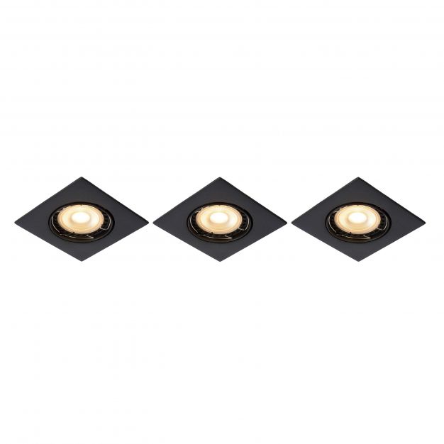 Lucide Focus - set van 3 inbouwspots - 80 x 80 mm, Ø 73 mm inbouwmaat - 3 x 5W LED dimbare incl. - zwart
