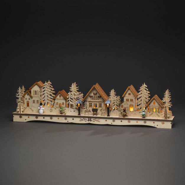 Konstsmide kerstverlichting - houten dorpje op batterijen - 78 x 9 x 18,5 cm - bruin