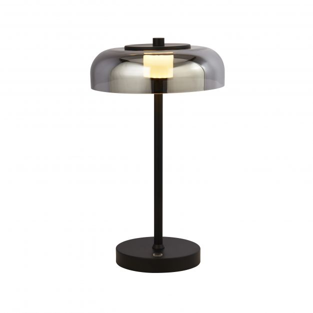 Searchlight Frisbee - tafellamp - Ø 23 x 40 cm - 10W dimbare LED incl. - mat zwart en gerookt glas
