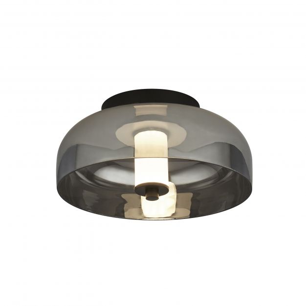 Searchlight Frisbee - plafondverlichting - Ø 30 x 15,5 cm - 10W dimbare LED incl. - mat zwart en gerookt glas