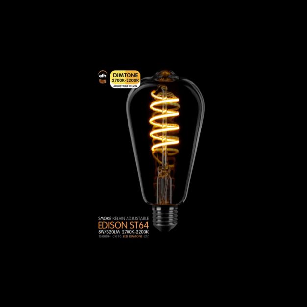 ETH LED Spiral Edison - E27 - dimtone - 6W - 2700K tot 2200K – gerookt