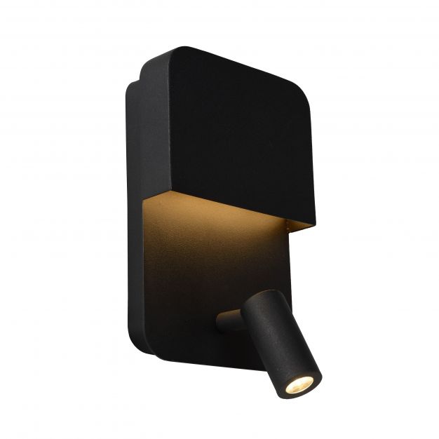 Lucide Boxer - wandlamp met USB-poort en schakelaar - 13 x 10 x 24 cm - 5W + 3W LED incl. - zwart