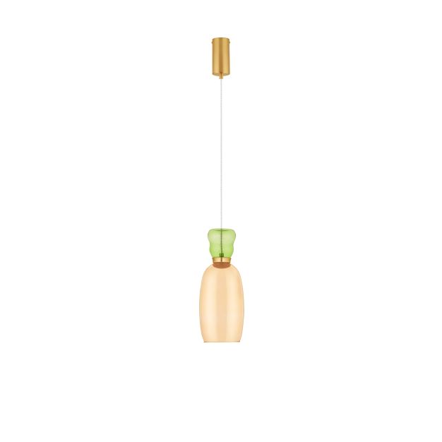 Nova Luce Pluma - hanglamp - Ø 15 x 179 cm - 9W LED incl. - goud, glanzend lichtgroen en geel glas