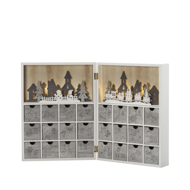 Konstsmide kerstverlichting - houten adventkalender op batterijen - 27,5 x 36,5 x 11 cm - wit