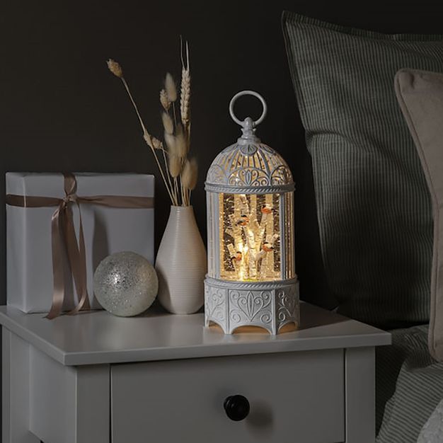 Konstsmide kerstverlichting - sneeuwlantaarn met 4 vogels op batterijen - Ø 12 x 25,5 cm - antiek wit