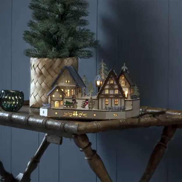 Konstsmide kerstverlichting - houten dorpje op batterijen - 30 x 20 x 20 cm - bruin