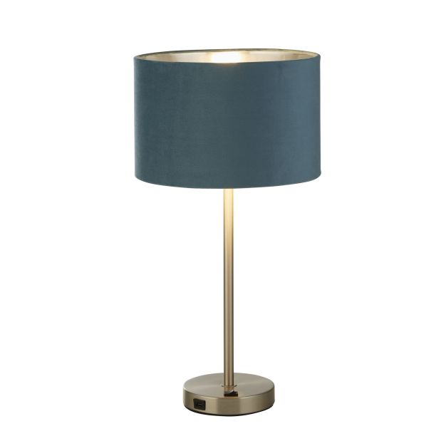 Searchlight Finn - tafellamp met usb-poort - Ø 28 x 54 cm - satijn nikkel, zilver en blauwgroen