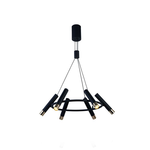 Searchlight Cylinder - hanglamp - Ø 70 x 130 cm - 6 x 3,4W dimbare LED incl. - zwart en goud
