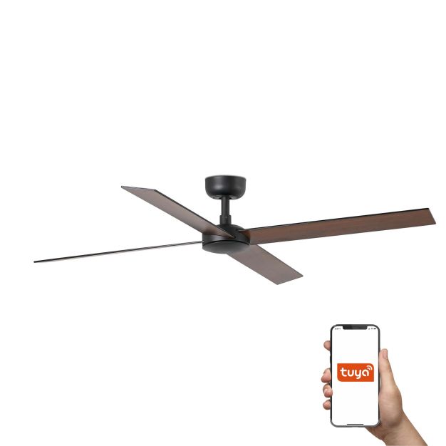 Faro Rudder L 4 Tuya Smart - plafondventilator - Ø 132 cm - mat zwart en donker walnoot