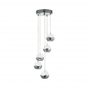 Searchlight Ice Ball - hanglamp - Ø 26 x 102 cm - 5 x 6W dimbare LED incl. - chroom en transparant