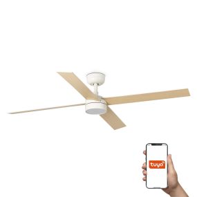 Faro Rudder L 4 Tuya Smart - plafondventilator met licht en afstandsbediening - Ø 132 x 27,6 cm - mat wit en essen