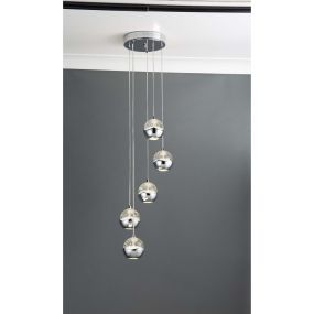 Searchlight Ice Ball - hanglamp - Ø 26 x 102 cm - 5 x 6W dimbare LED incl. - chroom en transparant