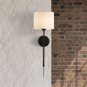 Searchlight Munich - wandlamp - 20 x 56 cm - zwart en natuurlijk linnen