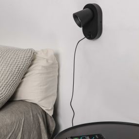 Faro Corb - wandverlichting met schakelaar en USB-lader - 10 x 11,5 x 17 cm - mat zwart