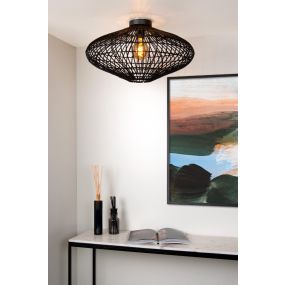 Lucide Magali - plafondverlichting - Ø 56 x 31 cm - rotan - zwart