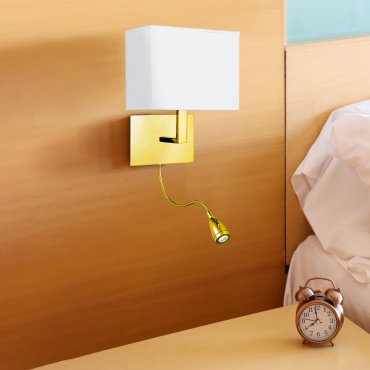 Searchlight Hotel - wandlamp met leeslamp - 20 x 26 cm - E27 + 1,45W LED incl. - satijn messing en wit