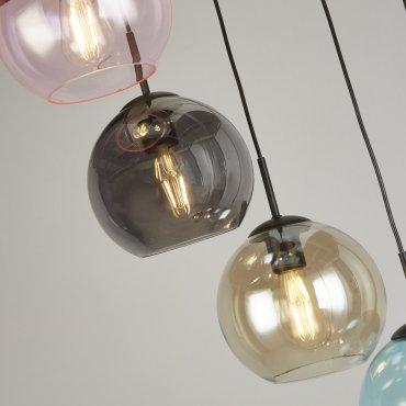 Searchlight Mardi Gras II - hanglamp - Ø 54 x 200 cm - mat zwart en gekleurd glas