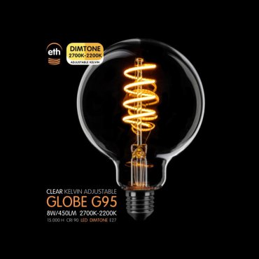 ETH LED Spiral Globe - Ø 9,5 cm - E27 - dimtone - 6W - 2700K tot 2200K - transparant