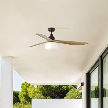 Faro Outwood L - plafondventilator met licht - Ø 150 cm x 43 cm - IP44 - donkerbruin en eiken