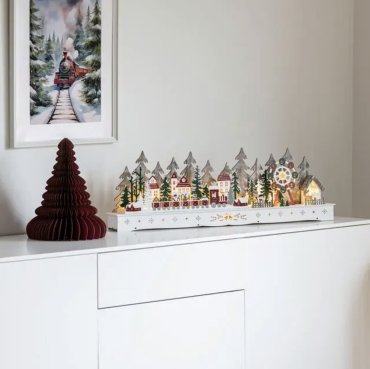 Konstsmide kerstverlichting - houten dorpje kerstman op batterijen - 78 x 25 x 9 cm - wit
