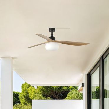Faro Outwood L - plafondventilator met licht - Ø 150 cm x 43 cm - IP44 - donkerbruin en eiken
