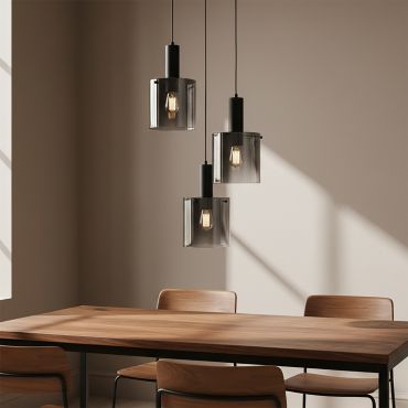 Searchlight Sweden - hanglamp - Ø 47 x 150 cm - mat zwart en gerookt glas