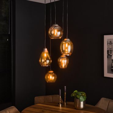 Vico Mix 5L - hanglamp - Ø 43 x 180 cm - oud zilver/amber