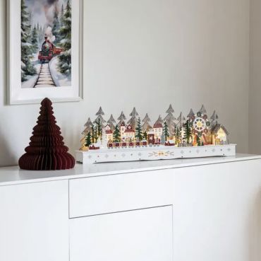Konstsmide kerstverlichting - houten dorpje kerstman op batterijen - 78 x 25 x 9 cm - wit